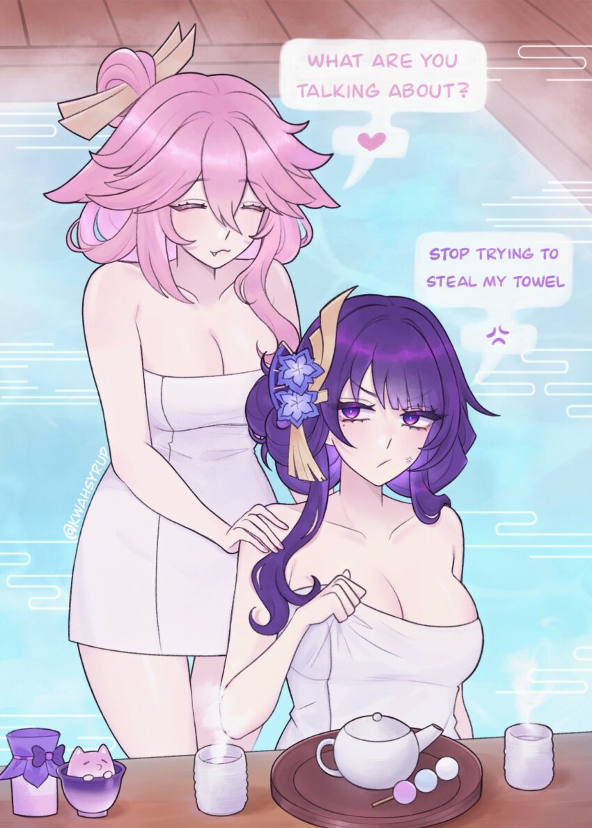 2girls, anger_vein, bath, breasts, cleavage, closed_eyes, commentary, cup