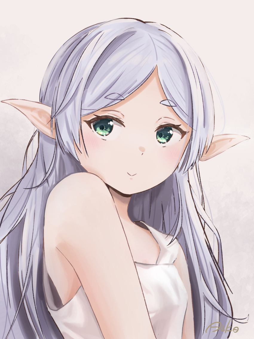 1girl, asuka_(pixiv82529874), camisole, elf, frieren, green_eyes, highres, long_hair