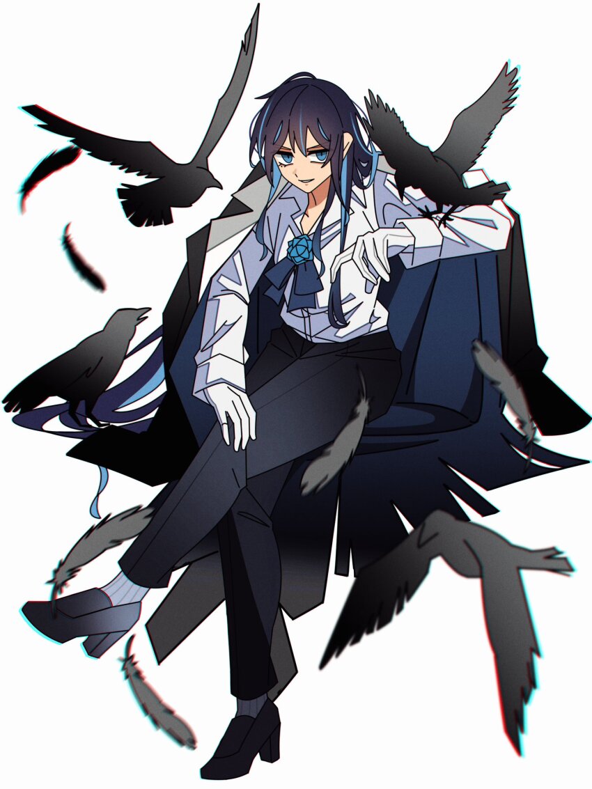 1girl, ado_(utaite), bird, black_coat, black_hair, black_pants, blue_eyes, blue_hair