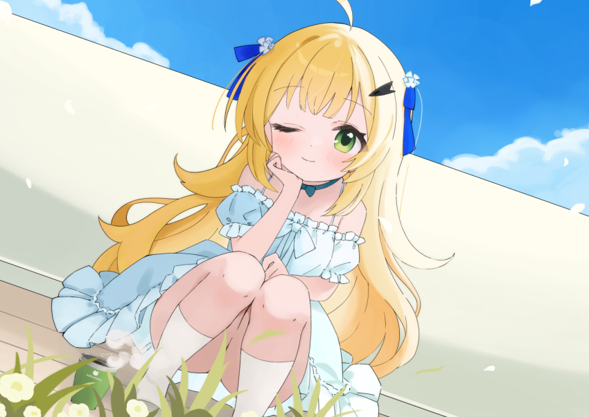 1girl, ahoge, ass, blonde_hair, cloud, commission, convenient_censoring, dress, flower, green_eyes, iketani_ran, long_hair, looking_at_viewer, nyanko_days, off-shoulder_dress, off_shoulder, one_eye_closed, ribbon, skeb_commission, sky, smile, socks, solo, squatting, thighs, upskirt, white_dress, white_socks, yamadin