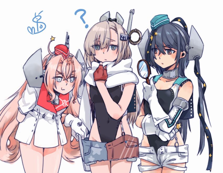 3girls, ?, aqua_hat, black_hair, black_one-piece_swimsuit, blonde_hair, coat, competition_swimsuit