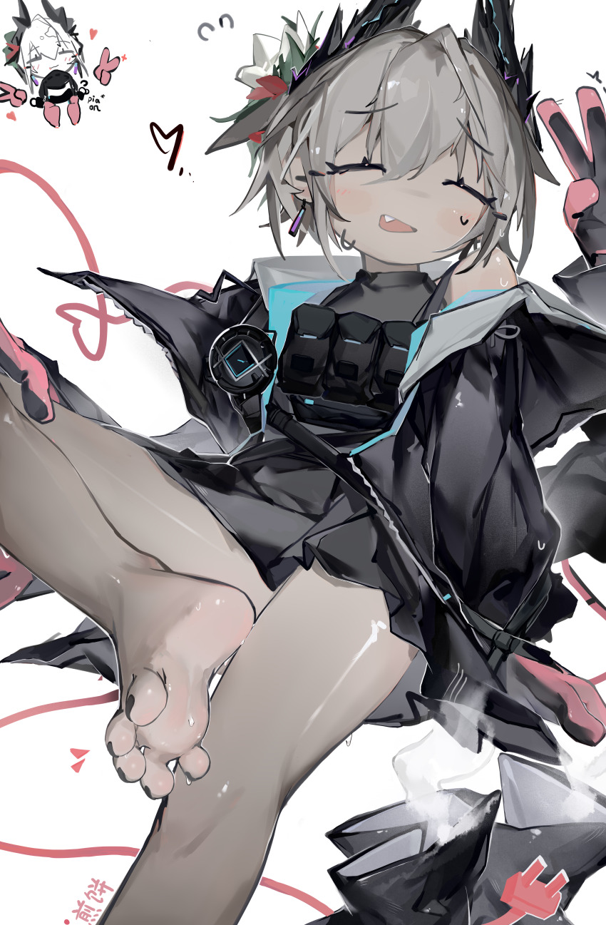 1girl, absurdres, arknights, artist_name, bare_legs, barefoot, black_jacket, black_nails