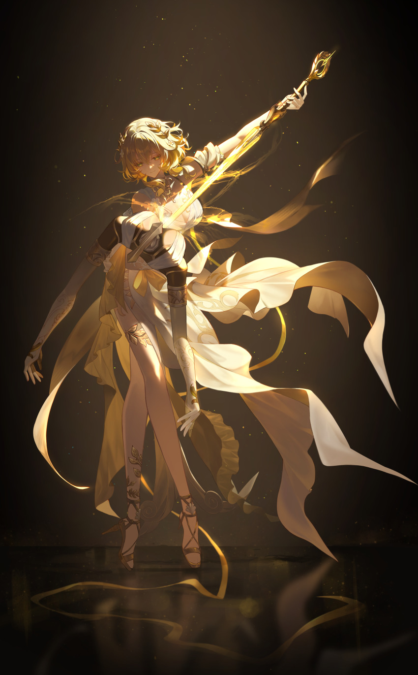 1girl, absurdres, aglaea_(honkai:_star_rail), bare_shoulders, blonde_hair, breast_tattoo, breasts, closed_mouth