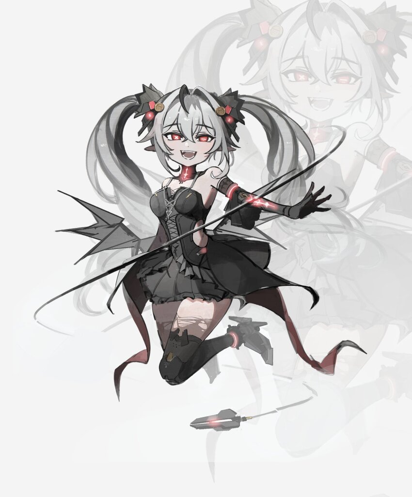 1girl, ar_at001, black_dress, demon_wings, dress, fang, grey_hair, high_heels, highres, jetavie:_daybreak_(pgr), jetavie_(pgr), long_hair, mechabare, mechanical_arms, mechanical_legs, mismatched_pupils, open_mouth, pantyhose, punishing:_gray_raven, red_eyes, slit_pupils, solo, symbol-shaped_pupils, tagme, torn_clothes, torn_pantyhose, twintails, wings, x-shaped_pupils