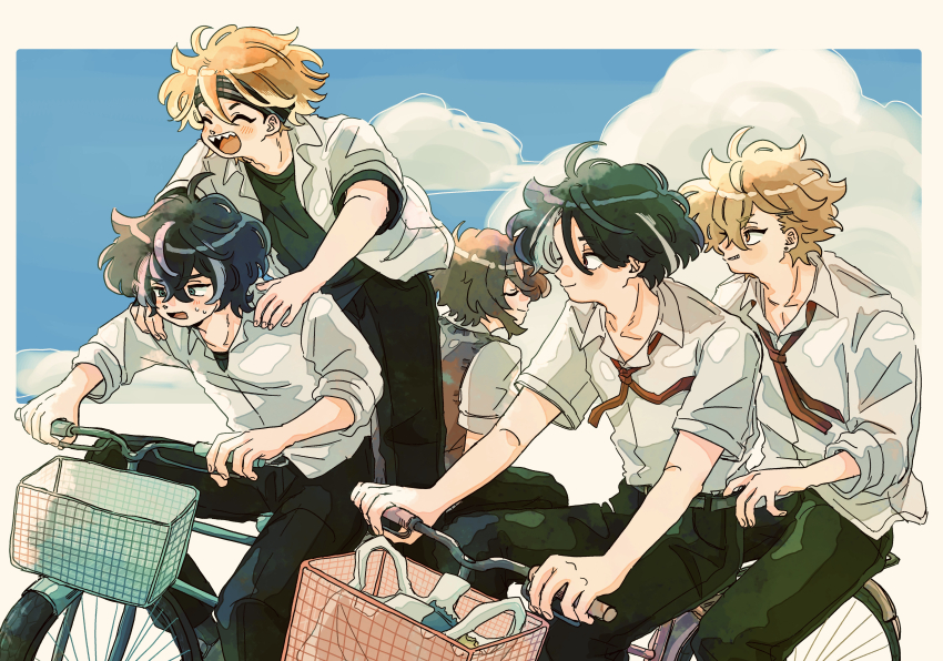 18trip, 5boys, absurdres, ahoge, bicycle, black_hair, black_headband, blue_sky