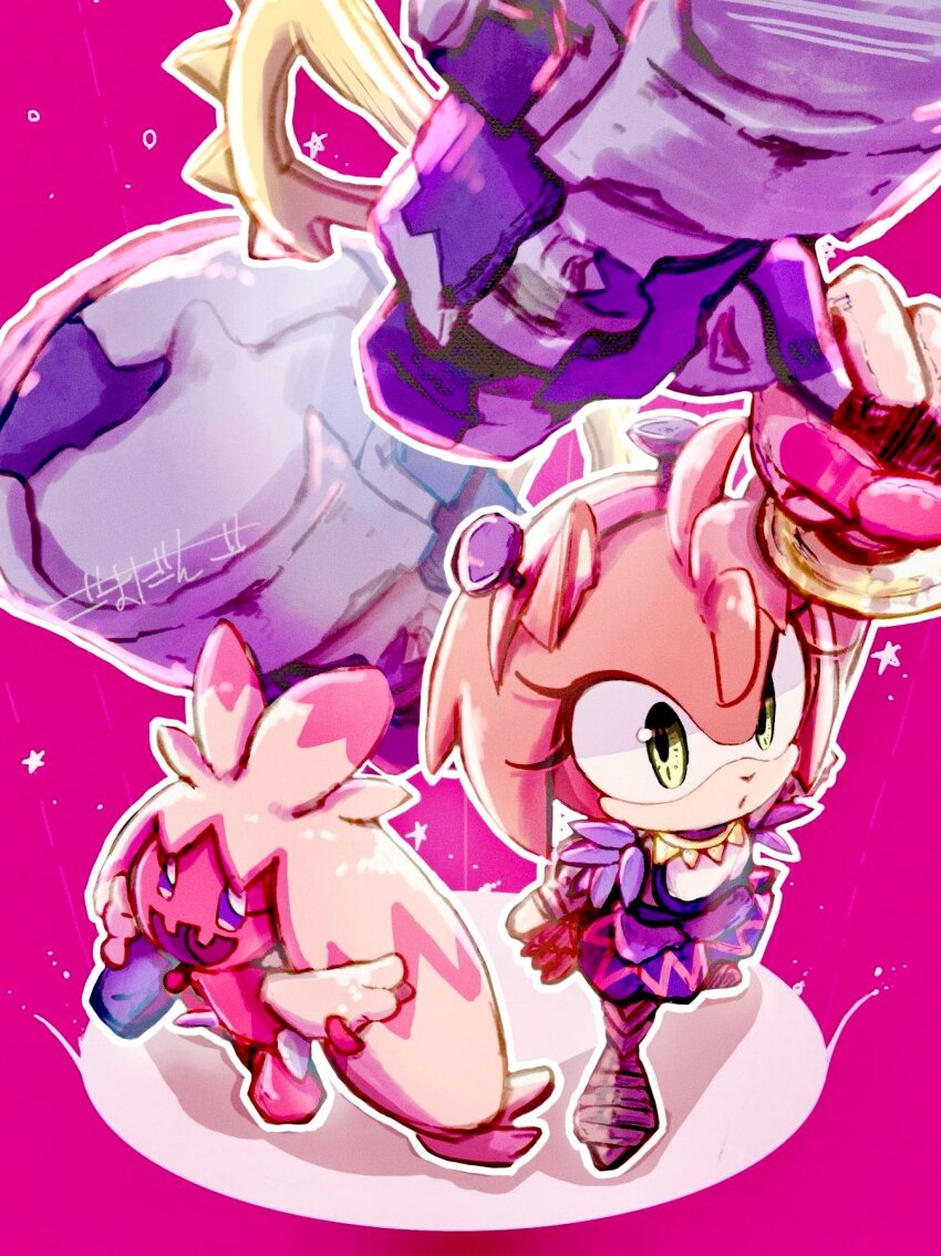 2girls, :o, alternate_costume, amy_rose, animal_ears, animal_nose, bracelet, colored_skin
