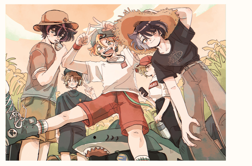 18trip, 5boys, absurdres, baseball_cap, black_hair, blue_shoes, bottle, brown_hair