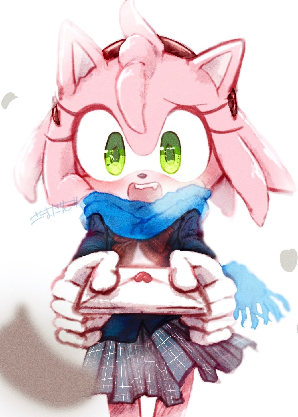 1girl, :d, alternate_costume, amy_rose, animal_ears, animal_nose, blue_scarf, blue_shirt