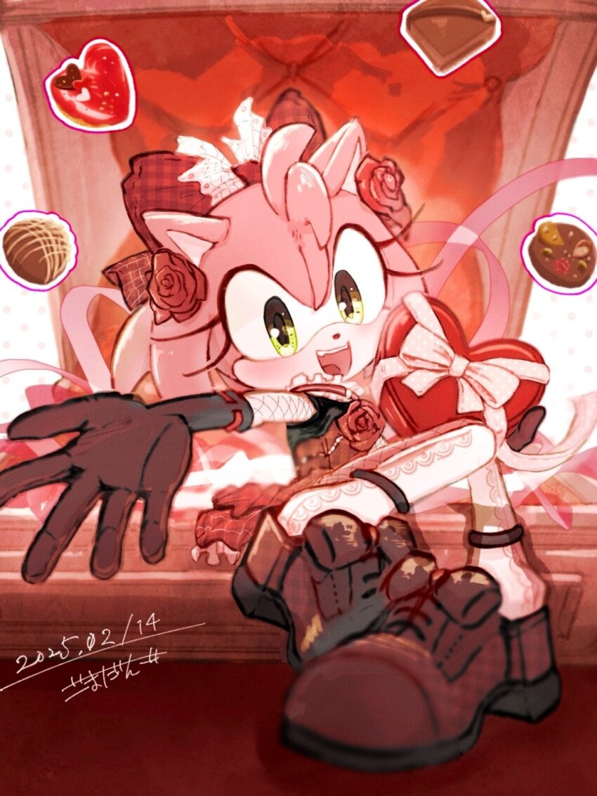 1girl, :d, alternate_costume, amy_rose, animal_ears, animal_nose, bow, box
