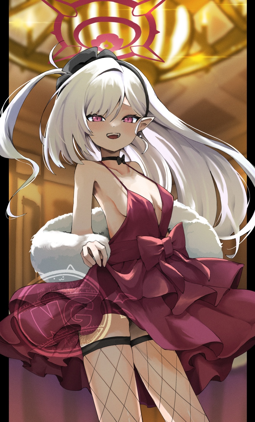 1girl, 966_kururu_966, absurdres, bare_shoulders, black_choker, black_hairband, blue_archive, blush, breasts, choker, cleavage, clothes_lift, commentary_request, dress, fishnet_thighhighs, fishnets, flat_chest, fur_scarf, hair_between_eyes, hairband, highres, loli, long_hair, looking_at_viewer, mutsuki_(blue_archive), mutsuki_(dress)_(blue_archive), official_alternate_costume, official_alternate_hairstyle, open_mouth, pink_eyes, pointy_ears, red_dress, skirt, skirt_lift, teeth, thighhighs, upper_teeth_only, white_hair