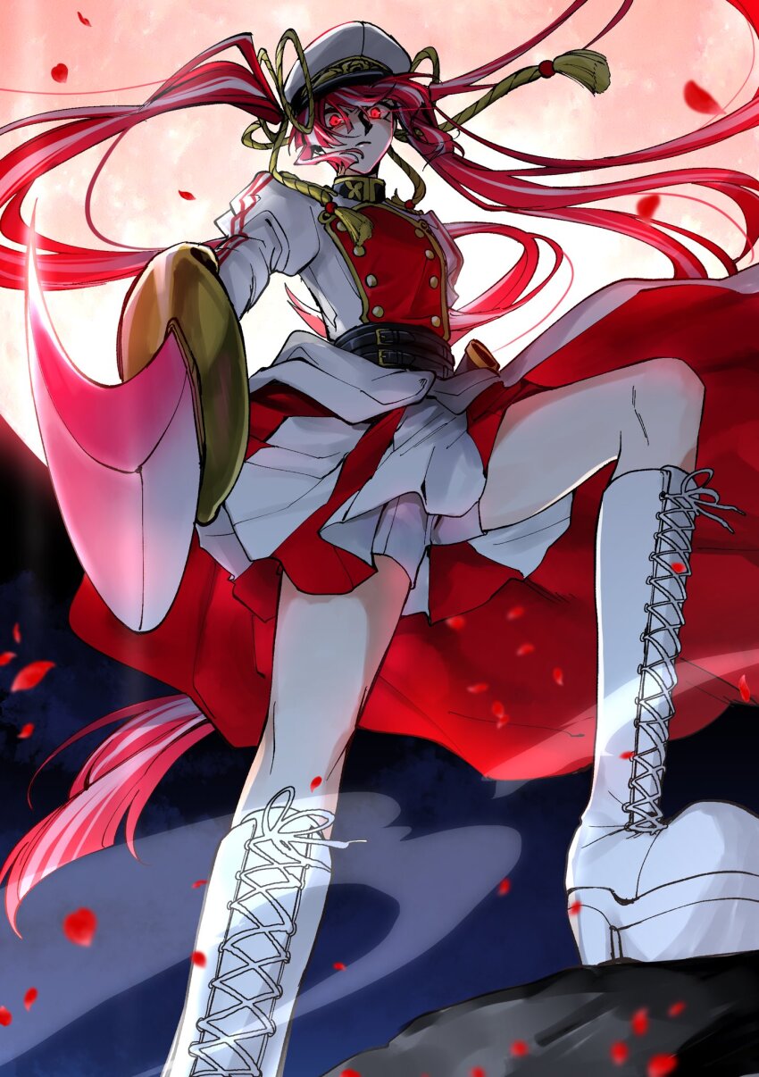 1girl, 62kaeru, aiguillette, boots, buttons, glowing, glowing_eyes, hat, highres, holding, holding_sword, holding_weapon, jacket, katana, lace-up_boots, mahou_shoujo_dandelion, military_hat, military_jacket, military_uniform, multicolored_jacket, peony_(mahou_shoujo_dandelion), red_eyes, red_hair, red_jacket, shorts, solo, sword, twintails, two-sided_fabric, two-sided_jacket, two-tone_jacket, weapon, white_boots, white_hat, white_jacket, white_shorts