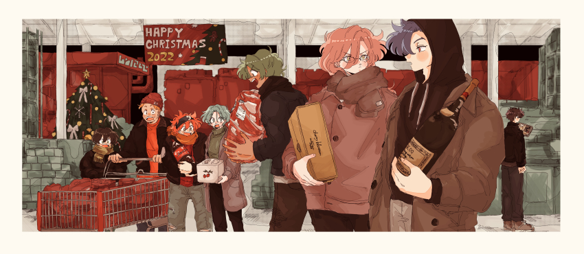 +_+, 6+boys, absurdres, adam_(sk8), beanie, black_hair, blue_hair, bottle