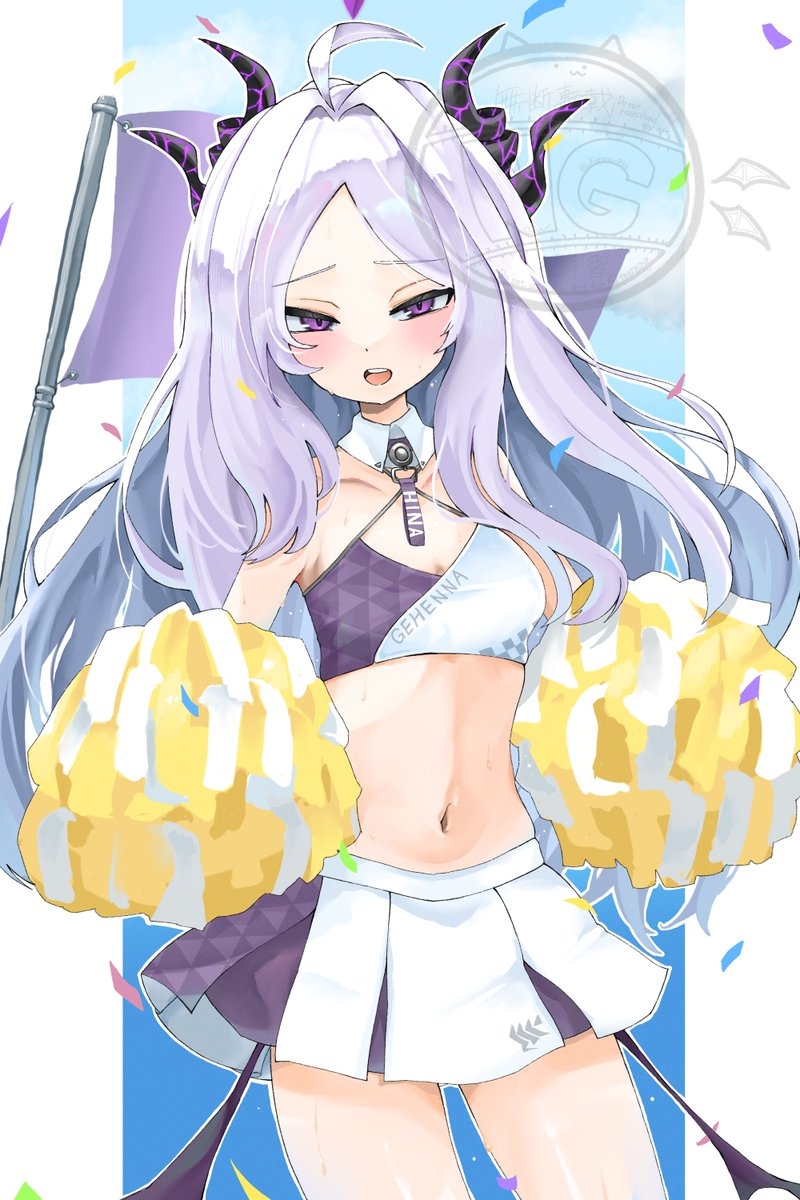 1girl, 966_kururu_966, ahoge, bare_shoulders, belly, blue_archive, blush, cheerleader