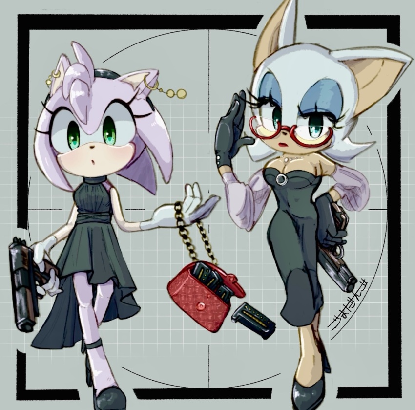 2girls, :o, alternate_costume, amy_rose, animal_ears, animal_nose, aqua_eyes, bag, bare_shoulders, bat_ears, bat_girl, bat_wings, black_dress, black_gloves, black_hairband, black_shoes, blue_eyeshadow, breasts, cleavage, detached_sleeves, dress, earrings, eyeshadow, full_body, furry, furry_female, glasses, gloves, gomadango0033, green_eyes, grey_background, gun, hairband, hedgehog_girl, high_heels, highres, holding, holding_bag, holding_gun, holding_weapon, jewelry, looking_at_viewer, makeup, multiple_girls, open_mouth, pink_fur, pink_hair, pink_sleeves, red-framed_eyewear, red_bag, red_lips, rouge_the_bat, shoes, simple_background, sonic_(series), standing, weapon, white_fur, white_gloves, white_hair, wings