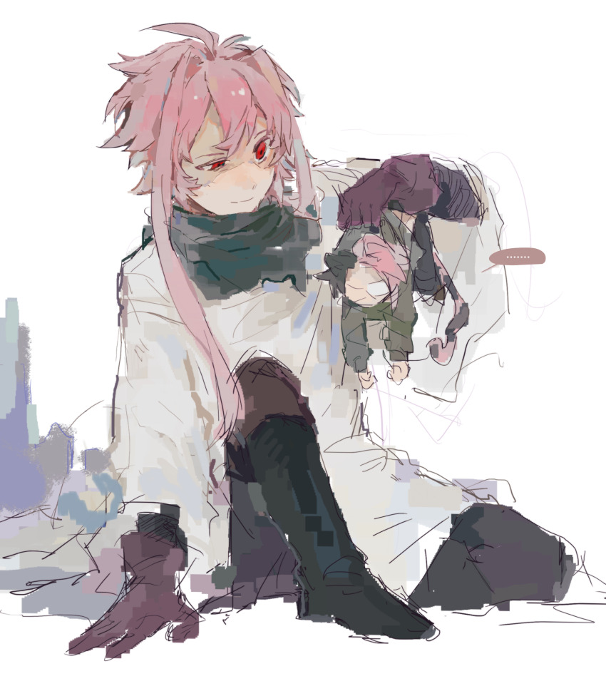 2boys, animal_ears, black_boots, black_cape, black_hair, boots, brown_gloves, brown_pants