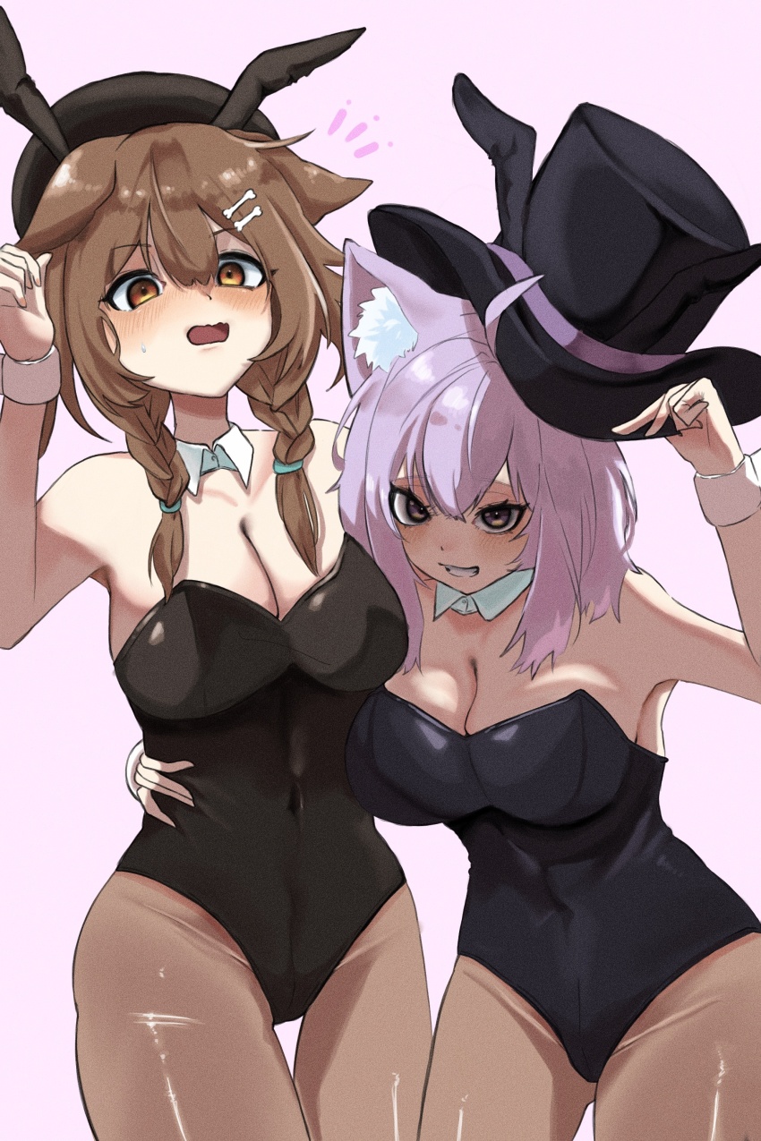 2girls, 966_kururu_966, absurdres, ahoge, animal_ear_hairband, animal_ears, black_hairband, black_hat