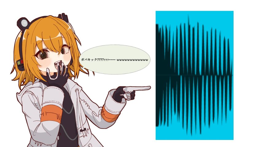 1girl, a.i._voice, adachi_rei, audio_visualizer, black_gloves, black_shirt, gloves, hair_ribbon, hand_up, headlamp, headphones, highres, jacket, looking_at_viewer, nekobasi_neko, open_clothes, open_jacket, open_mouth, orange_eyes, orange_hair, pointing, radio_antenna, ribbon, shirt, simple_background, solo, speech_bubble, teeth, tongue, translation_request, upper_body, upper_teeth_only, utau, white_background, white_gloves, white_jacket, white_ribbon