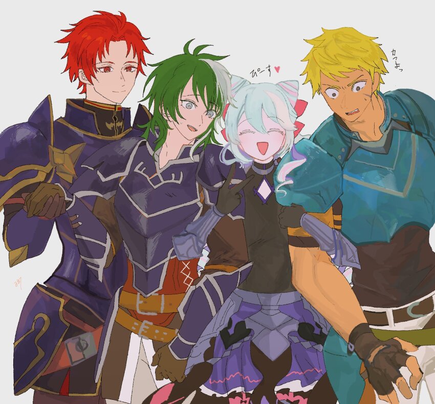 4boys, armor, blonde_hair, commentary, cone_hair_bun, cormag_(fire_emblem), dark-skinned_male, dark_skin