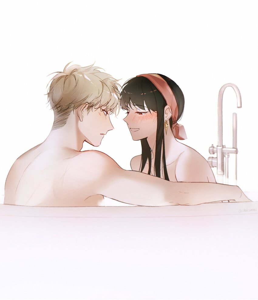 1boy, 1girl, absurdres, bare_arms, bare_back, bare_shoulders, bathing, bathtub