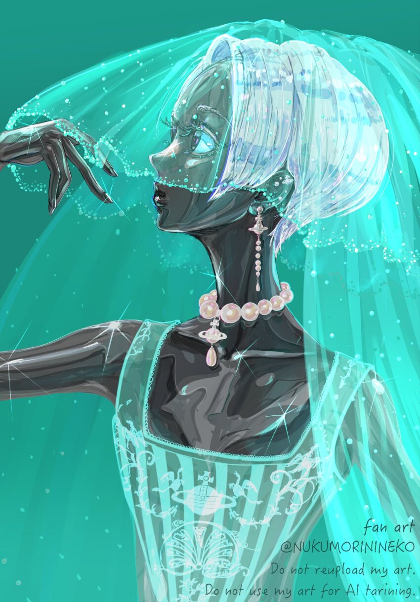 1other, black_skin, cairngorm_(houseki_no_kuni), colored_skin, dress, earrings, green_background, green_dress