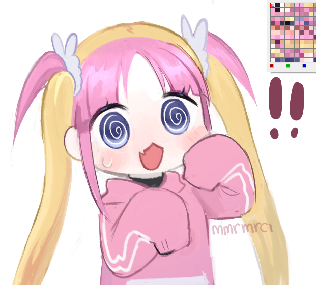 !, !!, 1girl, @_@, blonde_hair, blue_eyes, color_guide, commentary