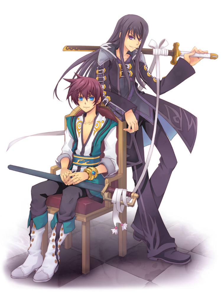 2boys, asbel_lhant, asbel_lhant_(cosplay), black_hair, blue_eyes, boots, bracelet, brown_hair, chair, cosplay, costume_switch, full_body, in-franchise_crossover, jewelry, knee_boots, long_hair, male_focus, multiple_boys, pants, purple_eyes, retpa, ribbon, scabbard, sheath, sidelocks, sitting, smile, sword, tales_of_(series), tales_of_graces, tales_of_vesperia, weapon, white_background, yuri_lowell, yuri_lowell_(cosplay)
