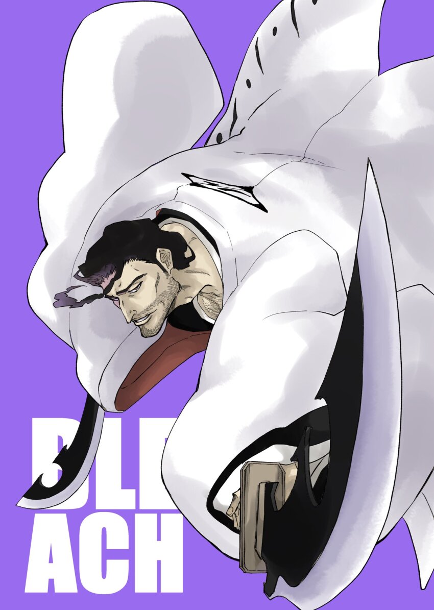 1boy, black_hair, bleach, chest_hair, copyright_name, dual_wielding, facial_hair, fighting_stance