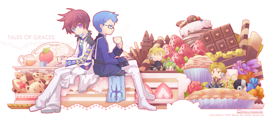 6+boys, ahoge, apple, asbel_lhant, black_hair, blonde_hair, blue_eyes, blue_hair