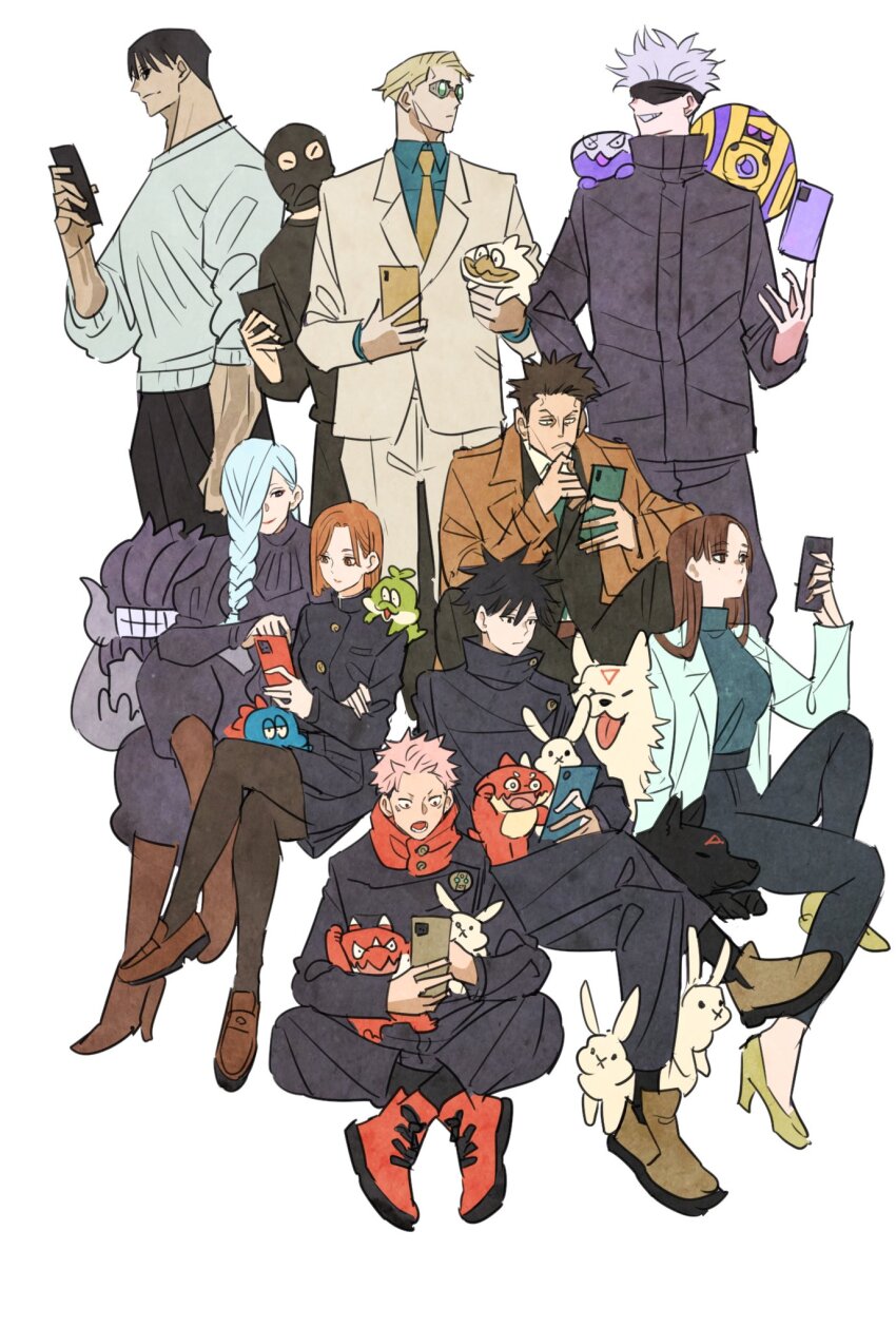 3girls, 6+boys, black_hair, black_smydra, black_suit, blindfold, blonde_hair, blue_hair