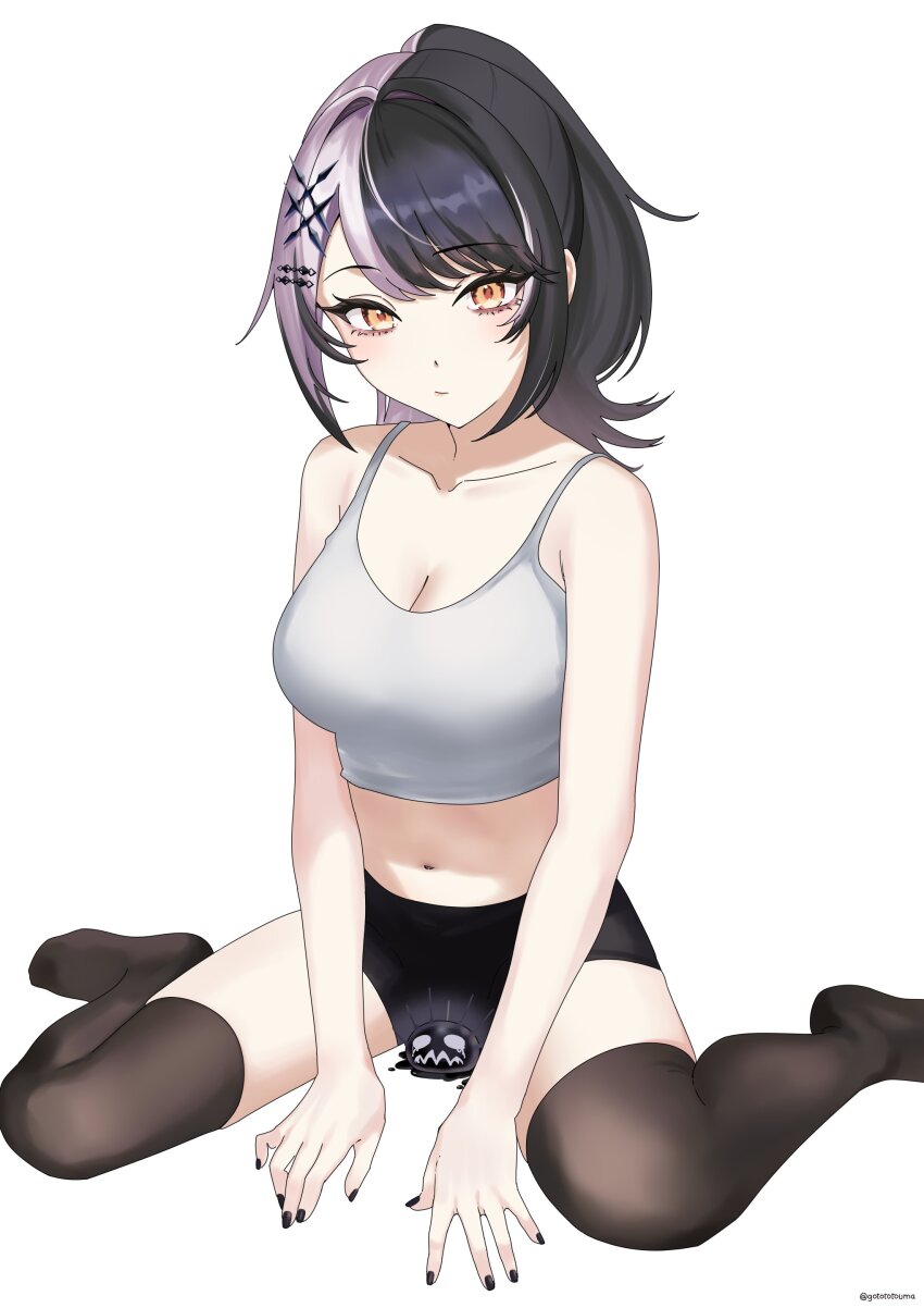 1girl, absurdres, alternate_costume, bike_shorts, black_hair, black_shorts, black_thighhighs, breasts