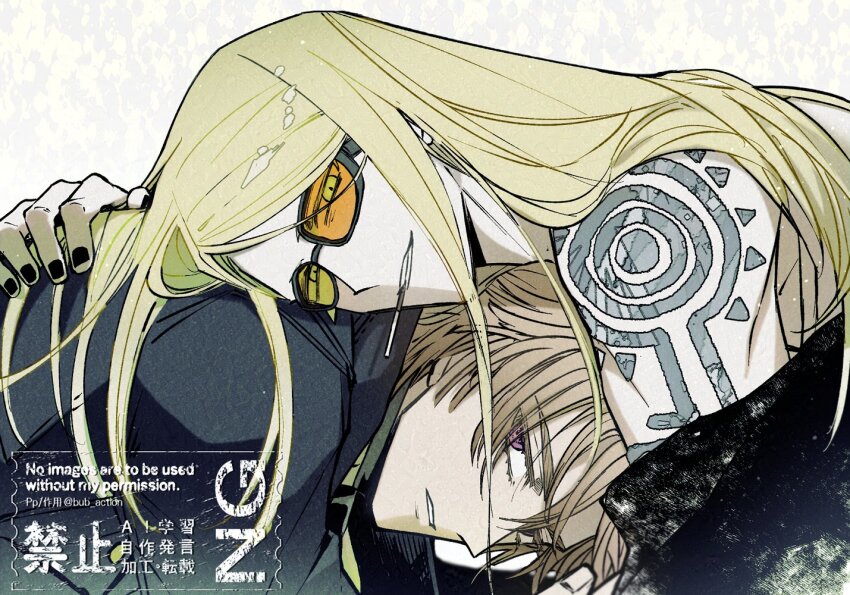 2boys, arm_tattoo, black_coat, blonde_hair, bub_action, coat, daybit_sem_void, fate/grand_order