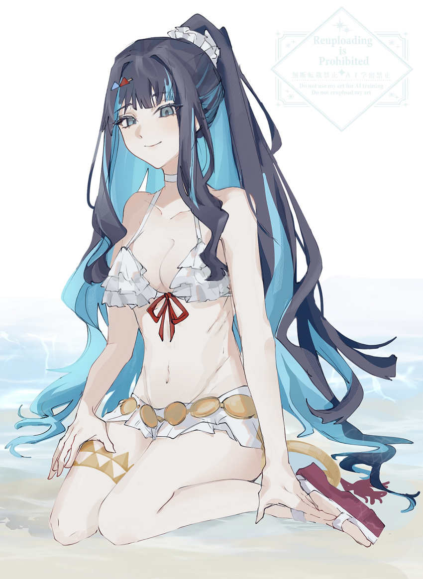 1girl, belly_chain, bikini, black_hair, blue_hair, colored_inner_hair, cupless_bikini, fate/grand_order