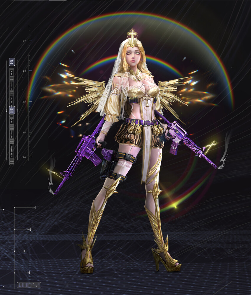 1girl, absurdres, angel_wings, armor, armored_boots, assault_rifle, belt, belt_buckle