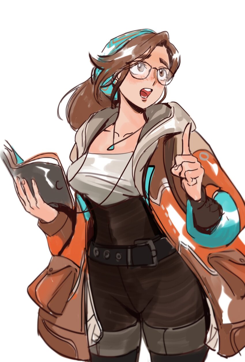 1girl, alma_(monster_hunter_wilds), belt, belt_buckle, black_belt, black_pantyhose, book, brown_eyes