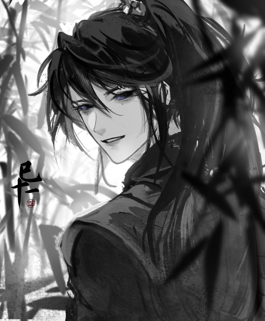 1boy, absurdres, bamboo, bamboo_forest, blue_eyes, flora905, forest, from_behind, greyscale, hair_between_eyes, hair_tie, high_ponytail, highres, long_hair, looking_at_viewer, looking_back, male_focus, mole, mole_under_eye, monochrome, nature, original, outdoors, parted_lips, ponytail, shirt, sidelocks, solo, spot_color, teeth, vest, watermark