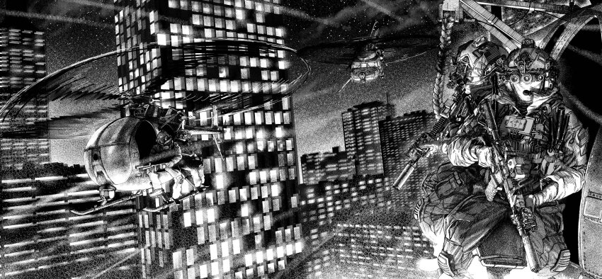 4boys, absurdres, aircraft, american_flag, ammunition_pouch, assault_rifle, building, combat_helmet