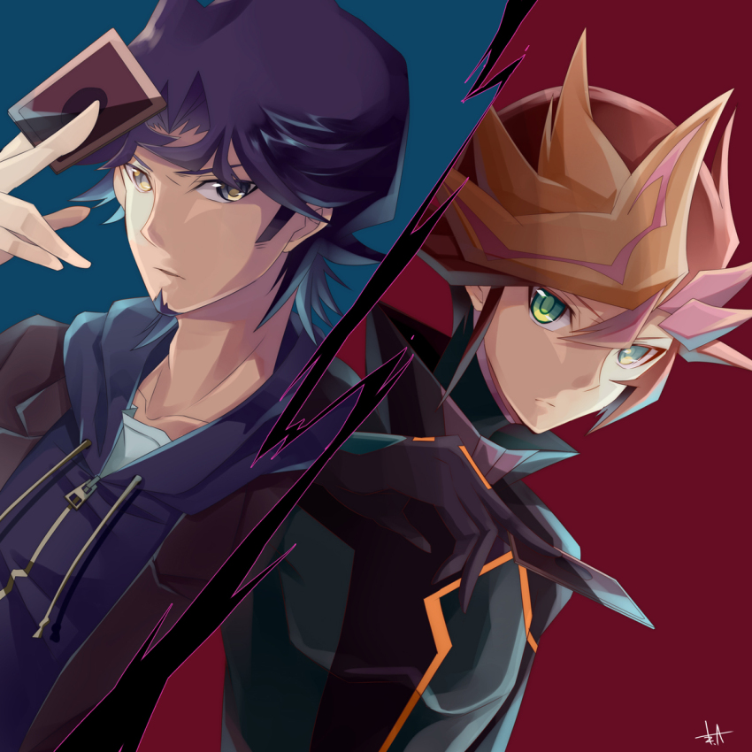 2boys, akisaki, alternate_form, black_bodysuit, blazer, blue_background, bodysuit, brown_coat