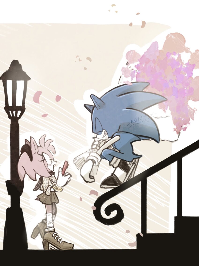 1boy, 1girl, alternate_costume, amy_rose, animal_ears, animal_nose, black_hairband, black_shoes, blue_fur, bouquet, bracelet, brown_scarf, brown_shoes, brown_skirt, closed_eyes, flower, full_body, furry, furry_female, furry_male, gloves, gold_bracelet, gomadango0033, grin, hairband, hedgehog_boy, hedgehog_girl, highres, holding, holding_bouquet, holding_phone, jewelry, looking_at_another, open_mouth, phone, pink_fur, pink_hair, purple_flower, scarf, shirt, shoes, short_tail, simple_background, skirt, smile, socks, sonic_(series), sonic_the_hedgehog, squatting, standing, tail, white_gloves, white_socks, yellow_background, yellow_shirt