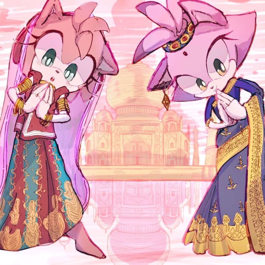 2girls, :o, alternate_costume, amy_rose, animal_ears, animal_nose, asian_indian_clothes, bangle