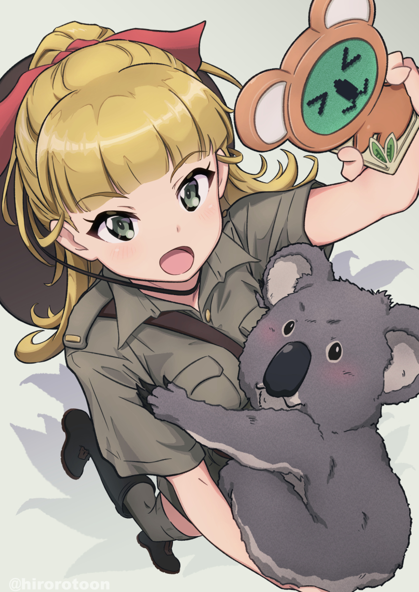 1girl, animal, belt, black_boots, blonde_hair, blunt_bangs, boots, collared_shirt, commentary, ehirorotoon, girls_und_panzer, green_eyes, green_shirt, green_shorts, green_thighhighs, hair_ribbon, highres, holding, holding_animal, koala, koala_(girls_und_panzer), koala_forest_military_uniform, long_hair, looking_at_viewer, military_uniform, open_mouth, ponytail, red_ribbon, ribbon, sam_browne_belt, shirt, short_sleeves, shorts, smile, solo, standing, standing_on_one_leg, thighhighs, wallaby_(girls_und_panzer)