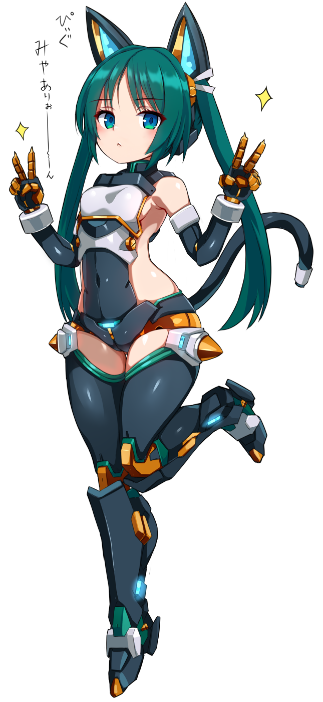 1girl, :<, animal_ears, armored_boots, bare_shoulders, black_boots, black_gloves, black_leotard, black_thighhighs, blue_eyes, boots, breasts, cat_ears, cat_tail, closed_mouth, covered_navel, double_v, full_body, gloves, green_hair, hands_up, highres, karukan_(monjya), leotard, long_hair, mecha_musume, pygmalion, shinrabanshou, simple_background, small_breasts, solo, sparkle, standing, standing_on_one_leg, tail, thighhighs, translation_request, twintails, v, very_long_hair, white_background