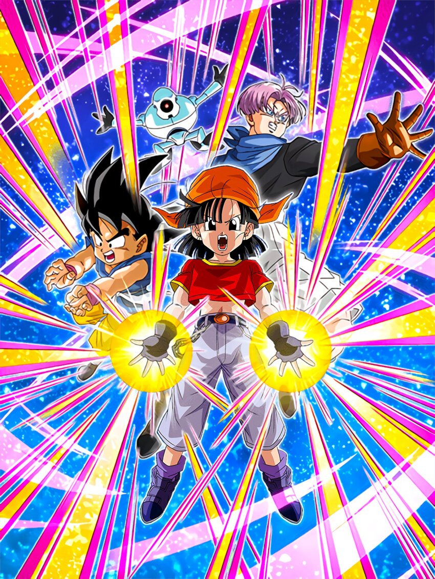 1girl, 2boys, dokkan_battle, dragon_ball, dragon_ball_gt, giru_(dragon_ball), highres, ki_blast