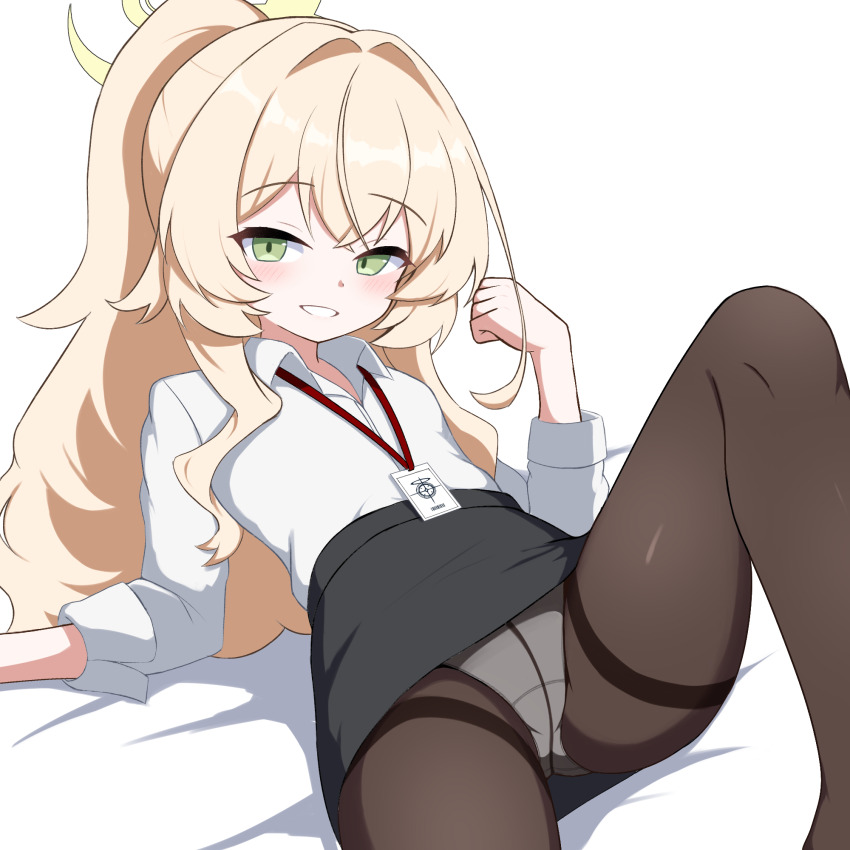 1girl, black_pantyhose, black_skirt, blonde_hair, blue_archive, blush, brown_pantyhose, collared_shirt