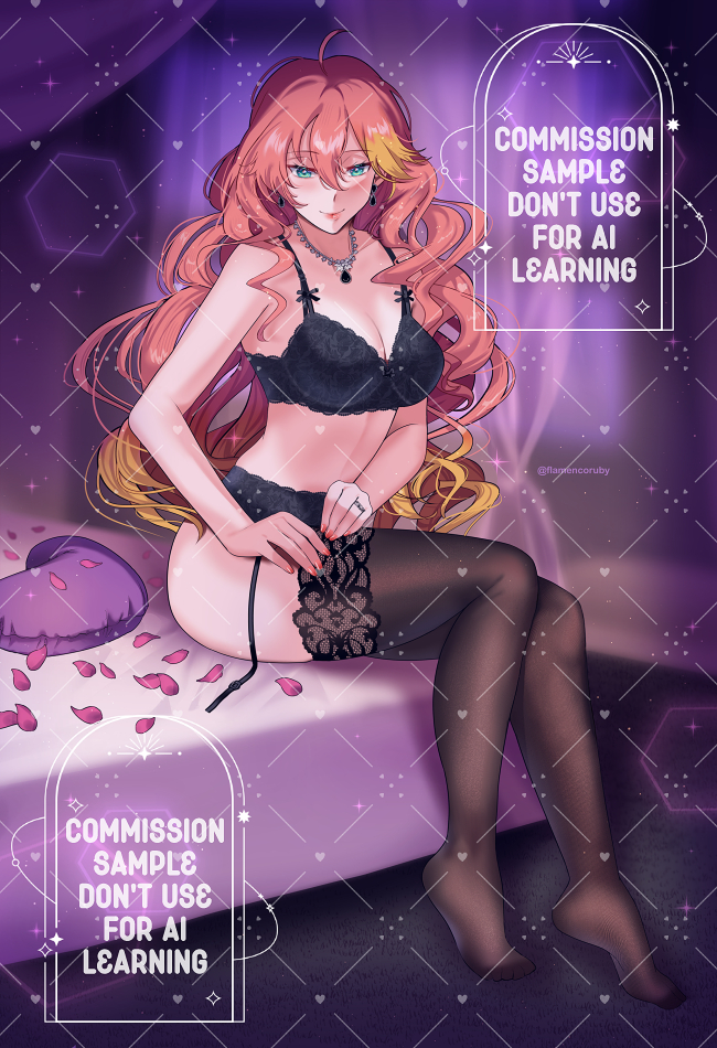 1girl, ahoge, bra, breasts, cleavage, commentary, commission, double-parted_bangs, earrings, eiyuu_densetsu, english_commentary, english_text, green_eyes, hair_between_eyes, heart, heart-shaped_pillow, indoors, jewelry, judith_lanster, kasa_(flamencoruby), kuro_no_kiseki_(series), large_breasts, long_hair, looking_at_viewer, multicolored_hair, necklace, on_bed, panties, petals, pillow, pink_hair, rose_petals, sitting, smile, solo, streaked_hair, thighhighs, underwear, watermark, wavy_hair