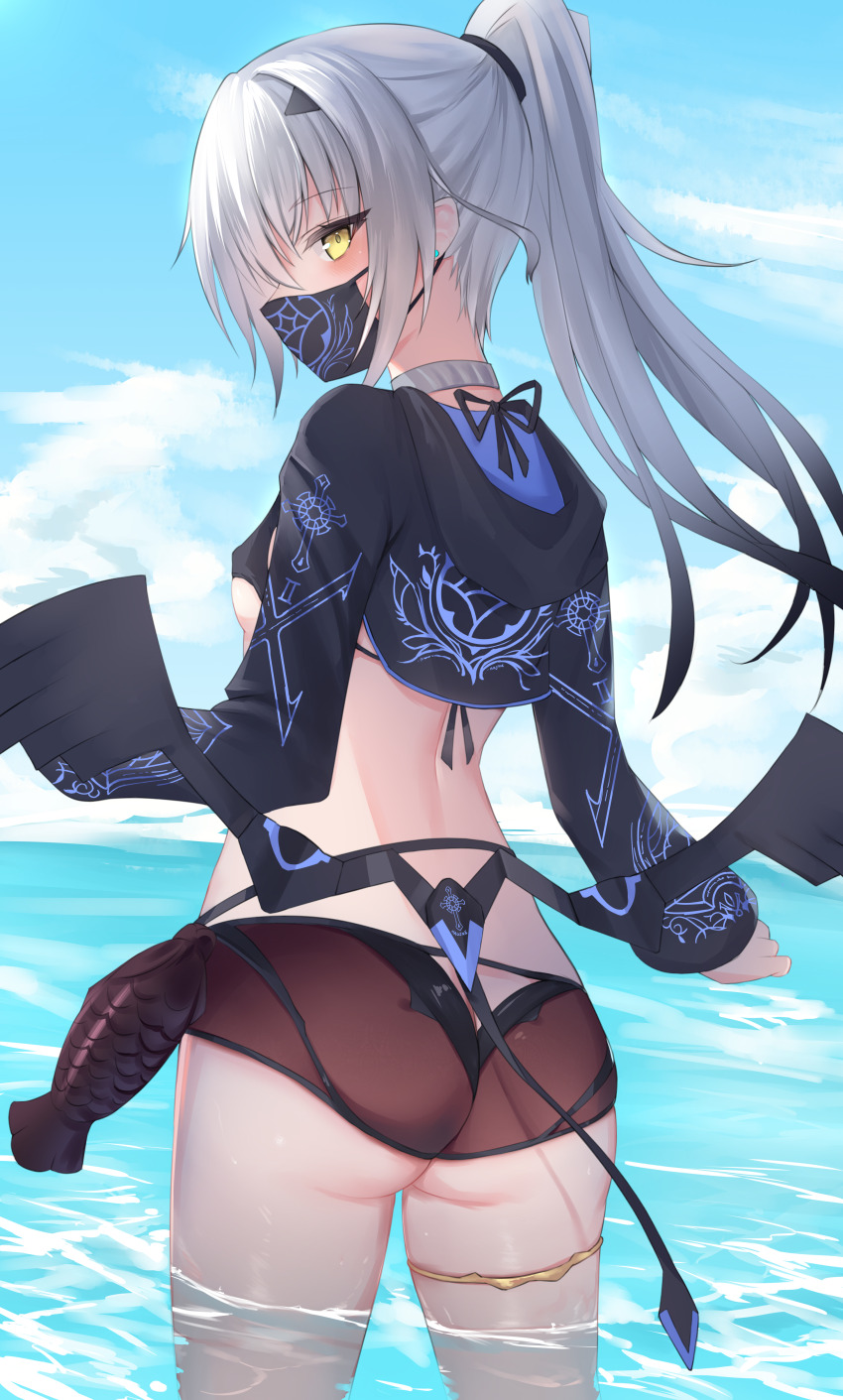 1girl, absurdres, ass, bikini, black_bikini, black_jacket, breasts, cropped_jacket