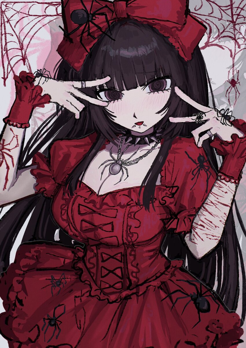 1girl, @_@, barbell_piercing, bow, breasts, brown_hair, bug, cleavage