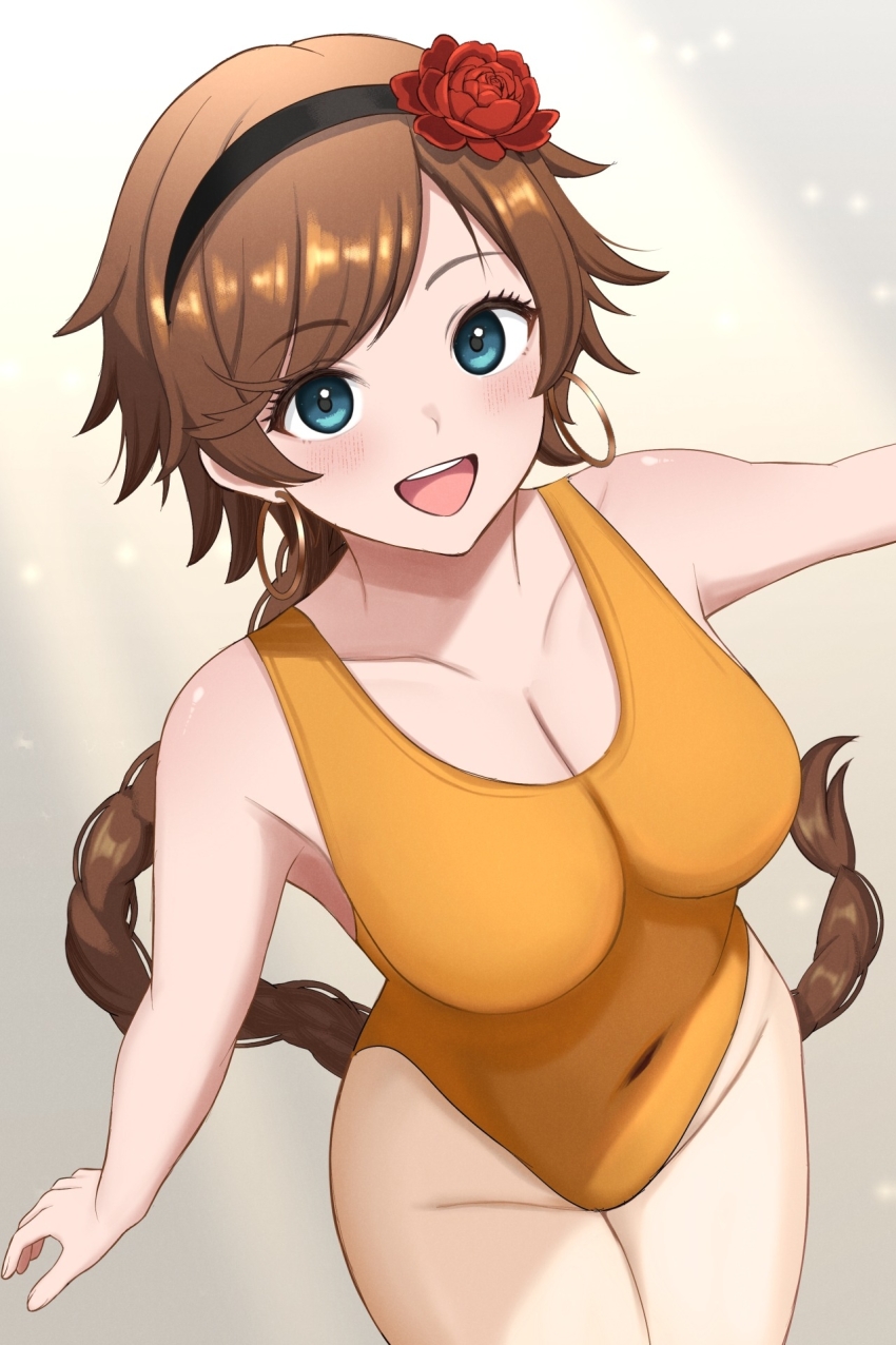 1girl, :d, agnea_bristarni, bare_arms, blue_eyes, blush, braid, breasts