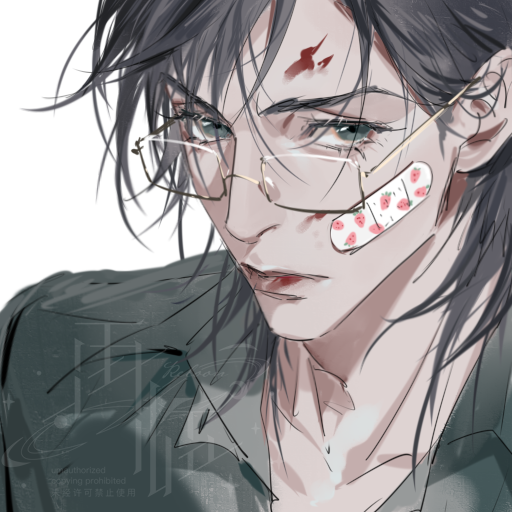 1boy, artist_name, bandage_on_face, bandages, bandaid, bandaid_on_face, black_hair, blood