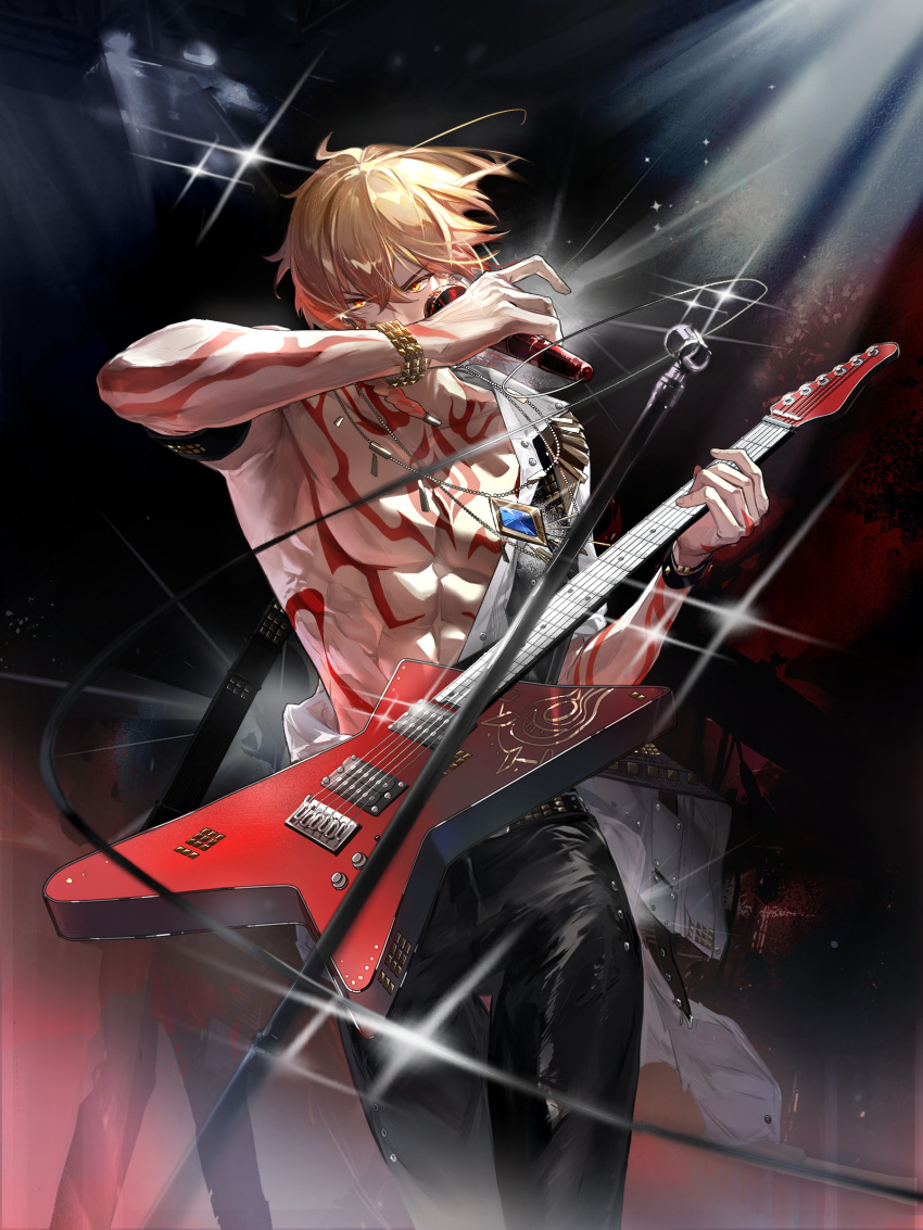 1boy, abs, absurdres, arm_tattoo, armpits, bare_pectorals, belt, black_belt, black_pants, blonde_hair, blue_gem, bracelet, braid, chest_tattoo, chinese_commentary, commentary_request, electric_guitar, facial_tattoo, gem, gold_bracelet, gradient_hair, guest_art, guitar, hair_between_eyes, hand_up, highres, holding, holding_guitar, holding_instrument, holding_microphone, honkai:_star_rail, honkai_(series), instrument, jewelry, leather, leather_pants, looking_at_viewer, male_focus, microphone, multicolored_hair, mydei_(alternate_spacetime)_(honkai:_star_rail), mydei_(honkai:_star_rail), necklace, open_clothes, open_shirt, pants, pectorals, red_hair, red_tattoo, second-party_source, shirt, side_braid, silhouette, solo, stage, tattoo, toned, toned_male, white_shirt, xiniu_kuangben_bawanli, yellow_eyes