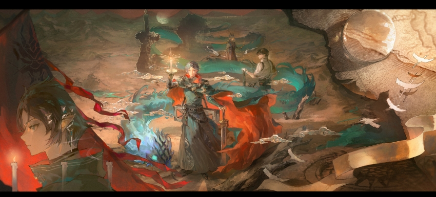 1boy, absurdres, arknights, black_hair, black_jacket, candle, cape, commentary